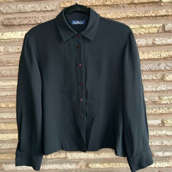 Ron Leal Black Button Front Blouse Shirt Silk Size 8 - Picture 2 of 5
